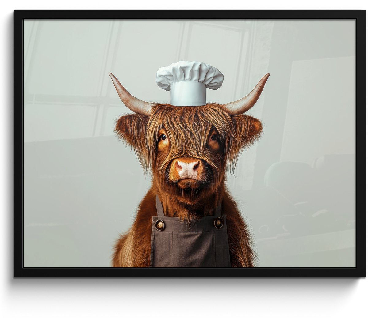 FrameYourWall Poster in lijst - Fotolijst 70x50 cm - Posters - Schotse Hooglander - Bruin - Hoorns - Kokskleding - Posterlijst zwart - Decoratie - Wanddecoratie woonkamer - Muurdecoratie slaapkamer