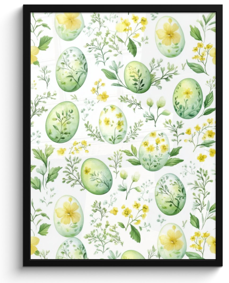 FrameYourWall Poster in lijst - Fotolijst 50x70 cm - Posters - Patroon - Groen - Eieren - Posterlijst zwart - Decoratie - Wanddecoratie woonkamer - Muurdecoratie slaapkamer Pasen