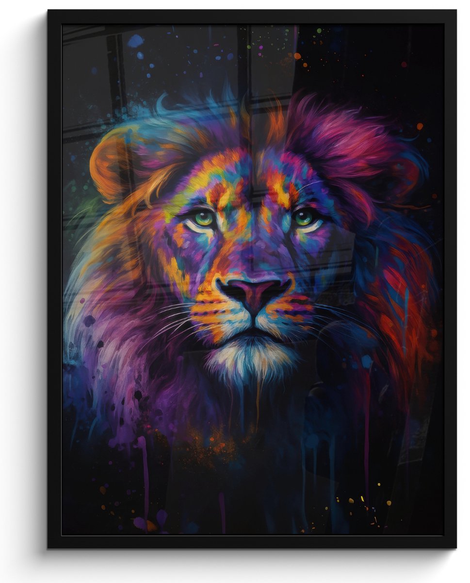FrameYourWall Poster in lijst - Fotolijst 50x70 cm - Posters - Leeuwenkop - Felgekleurd - Abstract - Posterlijst zwart - Decoratie - Wanddecoratie woonkamer - Muurdecoratie slaapkamer