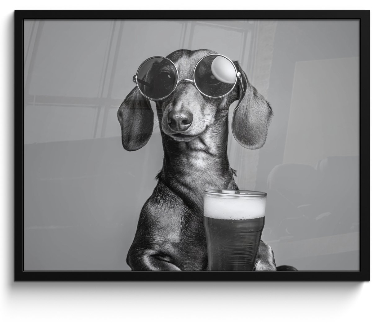 FrameYourWall Poster in lijst - Fotolijst 70x50 cm - Posters - Teckel - Bier - Glas - Bril - Posterlijst zwart - Decoratie - Wanddecoratie woonkamer - Muurdecoratie slaapkamer