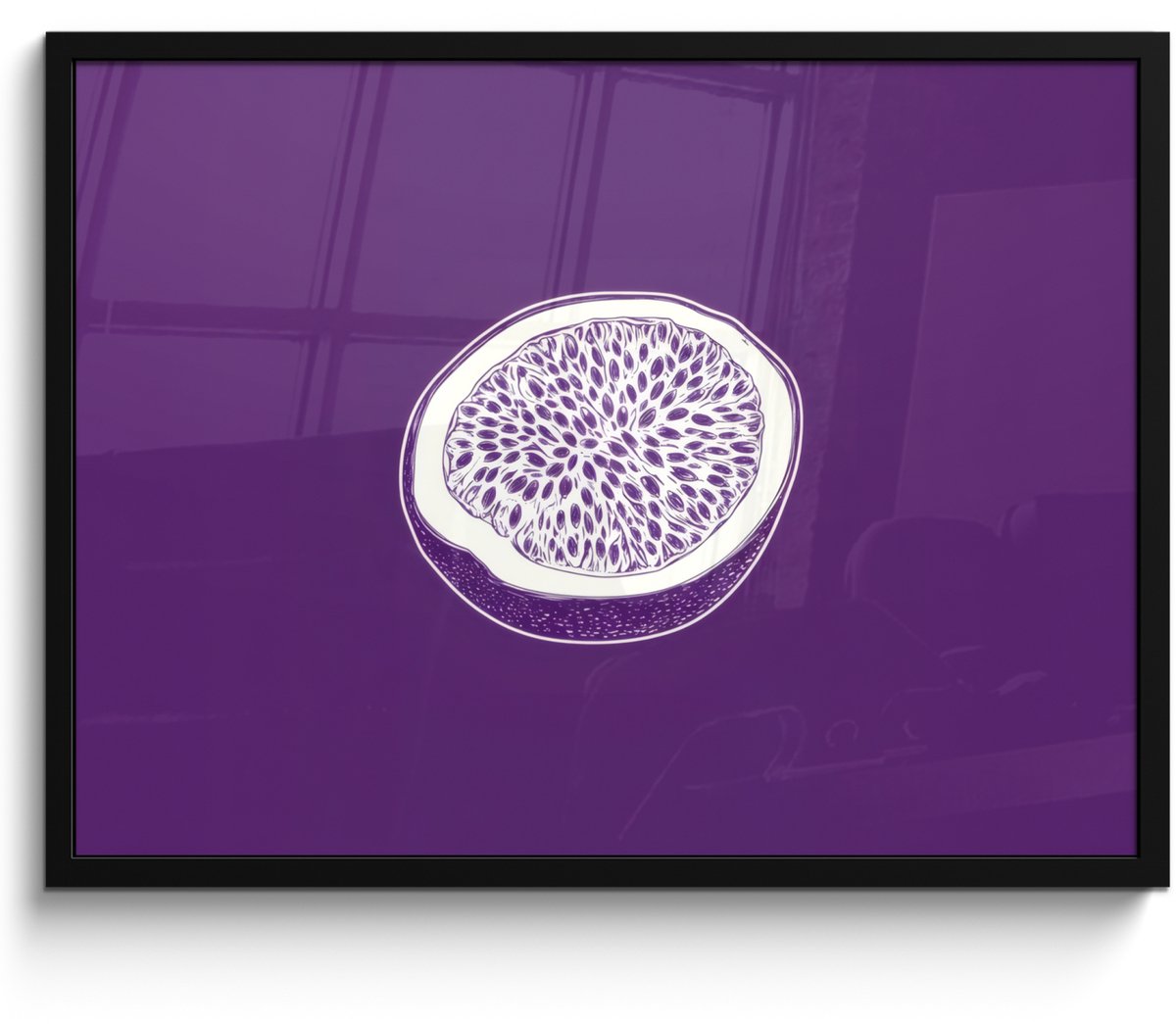 FrameYourWall Poster in lijst - Fotolijst 70x50 cm - Posters - Passievrucht - Zaadjes - Paars - Minimalistisch - Posterlijst zwart - Decoratie - Wanddecoratie woonkamer - Muurdecoratie slaapkamer