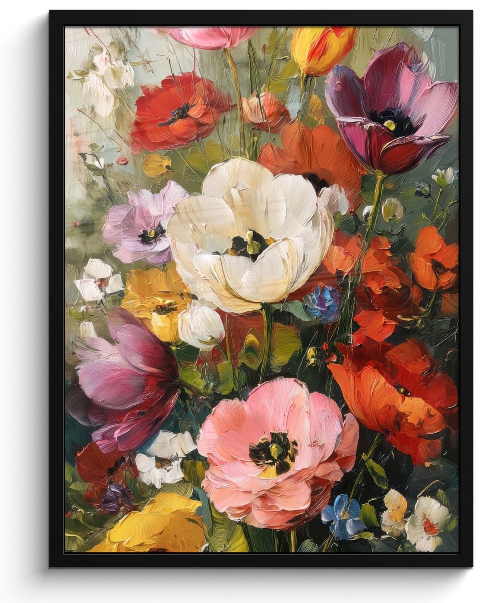 FrameYourWall Poster in lijst - Fotolijst 50x70 cm - Posters - Vrolijk boeket - Dynamisch - Subtiele kleurspatten - Posterlijst zwart - Decoratie - Wanddecoratie woonkamer - Muurdecoratie slaapkamer Bloemen - Boeket