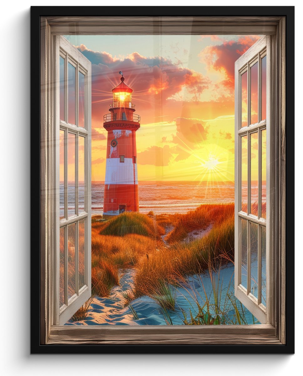 FrameYourWall Poster in lijst - Fotolijst 50x70 cm - Posters - Doorkijk - Raam - Vuurtoren - Zonsondergang - Strand - Posterlijst zwart - Decoratie - Wanddecoratie woonkamer - Muurdecoratie slaapkamer Zonsondergang - Vuurtoren