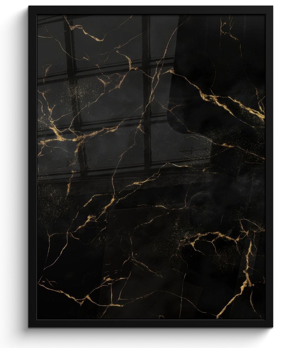 FrameYourWall Poster in lijst - Fotolijst 50x70 cm - Posters - Zwart marmer - Gouden aders - Klassiek - Posterlijst zwart - Decoratie - Wanddecoratie woonkamer - Muurdecoratie slaapkamer