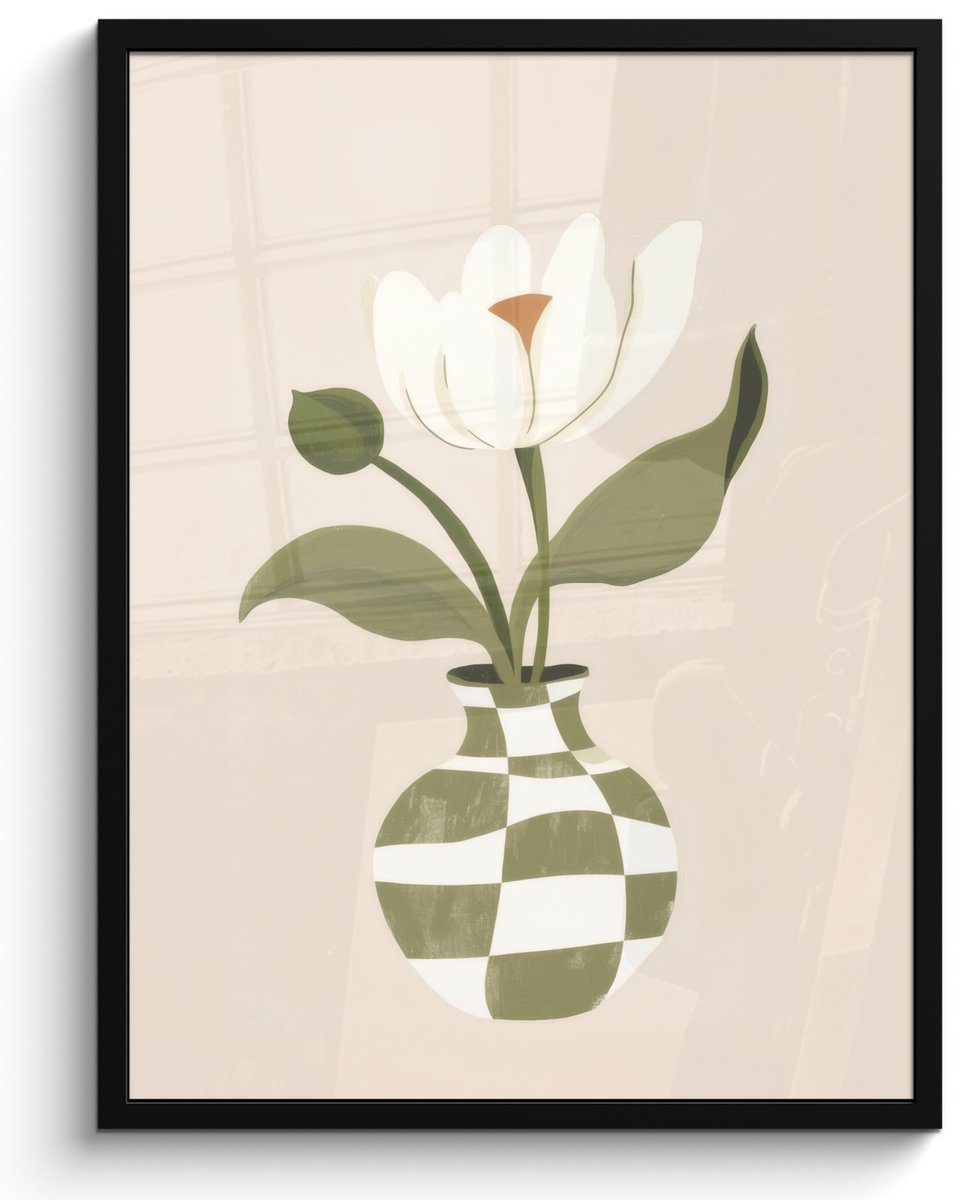 FrameYourWall Poster in lijst - Fotolijst 50x70 cm - Posters - Vaas - Geruit - Bloem - Groen - Posterlijst zwart - Decoratie - Wanddecoratie woonkamer - Muurdecoratie slaapkamer Vaas - Bloem