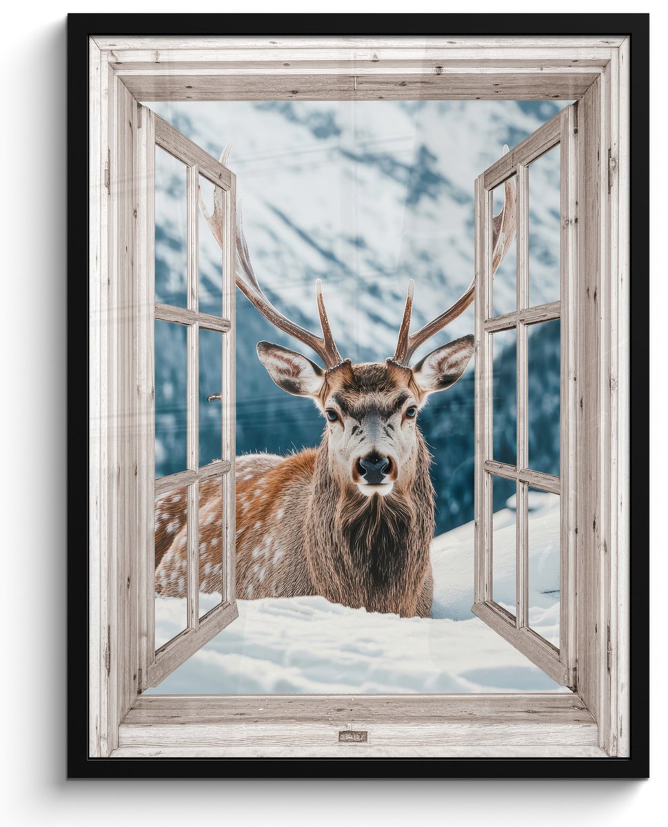 FrameYourWall Poster in lijst - Fotolijst 50x70 cm - Posters - Hert - Winterlandschap - Natuur - Dieren - Doorkijk - Bergen - Posterlijst zwart - Decoratie - Wanddecoratie woonkamer - Muurdecoratie slaapkamer