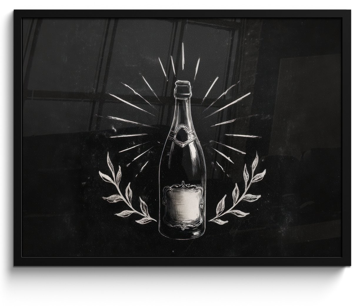 FrameYourWall Poster in lijst - Fotolijst 70x50 cm - Posters - Champagnefles - Lauriertakken - Zwarte achtergrond - Posterlijst zwart - Decoratie - Wanddecoratie woonkamer - Muurdecoratie slaapkamer
