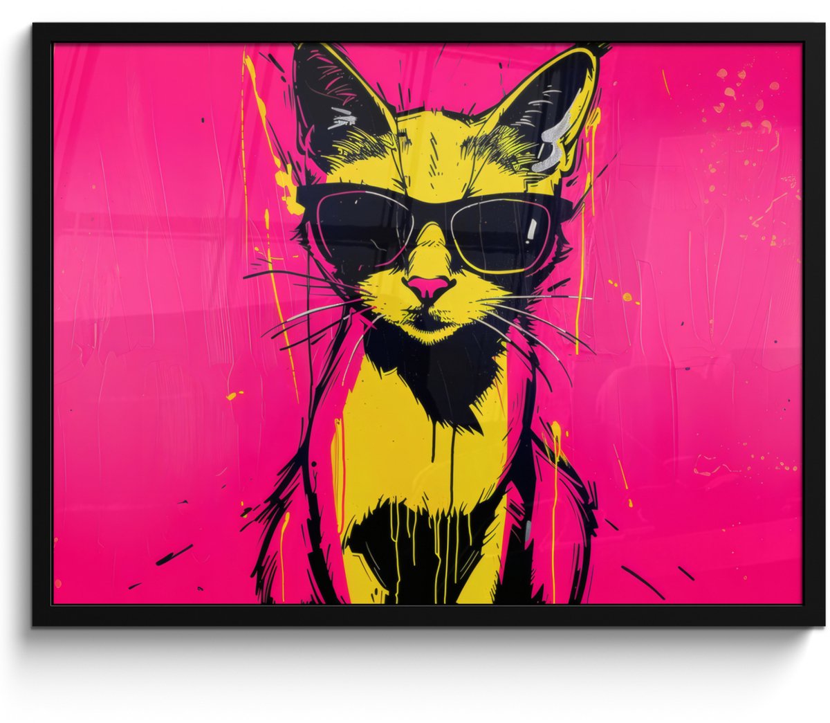 FrameYourWall Poster in lijst - Fotolijst 70x50 cm - Posters - Kat - Art - Zonnebril - Roze - Posterlijst zwart - Decoratie - Wanddecoratie woonkamer - Muurdecoratie slaapkamer Kat - Zonnebril