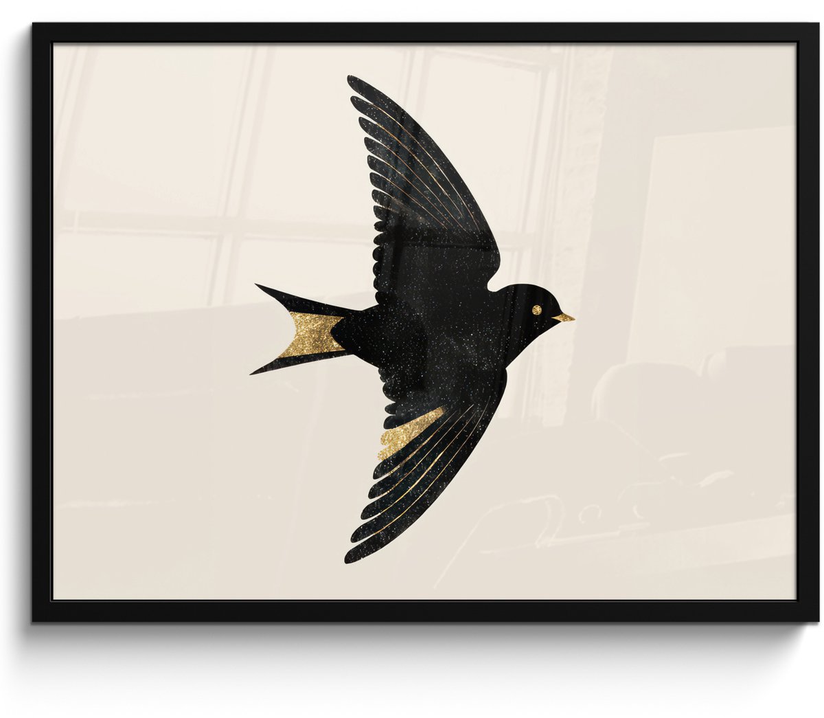 FrameYourWall Poster in lijst - Fotolijst 70x50 cm - Posters - Zwarte zwaluw - Gouden accenten - Lichte achtergrond - Posterlijst zwart - Decoratie - Wanddecoratie woonkamer - Muurdecoratie slaapkamer