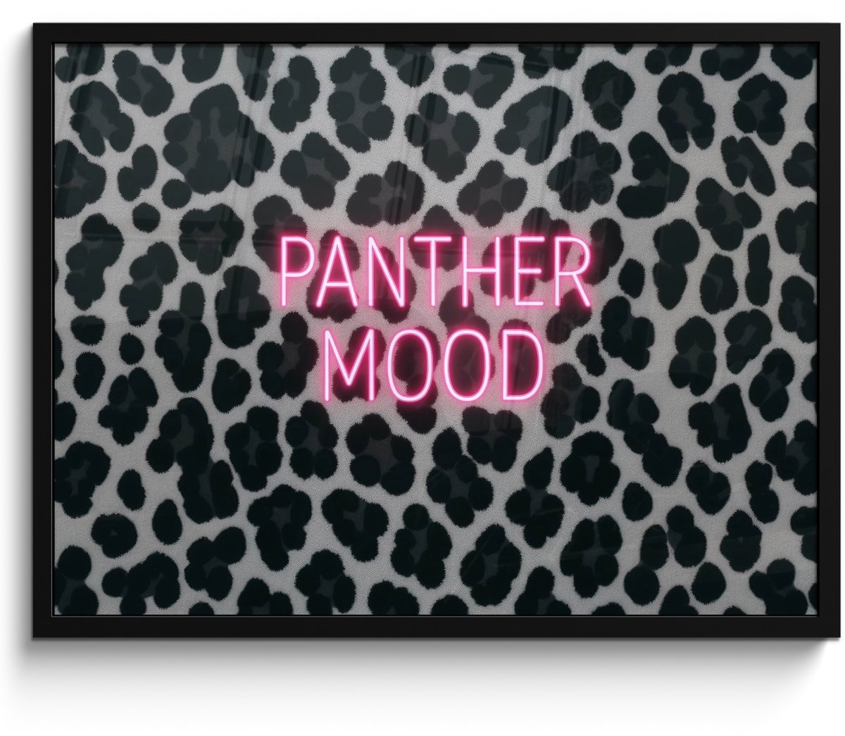 FrameYourWall Poster in lijst - Fotolijst 70x50 cm - Posters - Panterprint - Zwart - Neonletters - Roze - Posterlijst zwart - Decoratie - Wanddecoratie woonkamer - Muurdecoratie slaapkamer Panterprint - Tekst