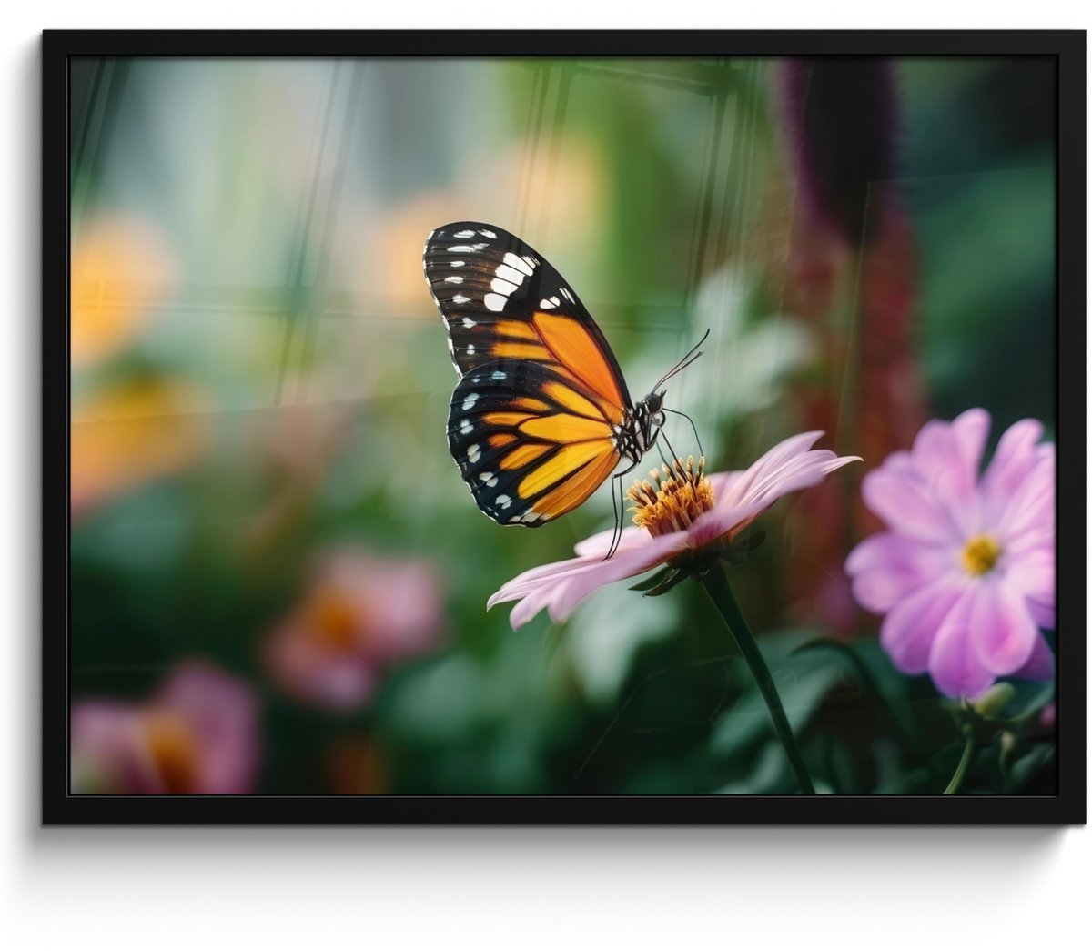 FrameYourWall Poster in lijst - Fotolijst 70x50 cm - Posters - Roze bloemen - Vlinder - Zachte focus - Posterlijst zwart - Decoratie - Wanddecoratie woonkamer - Muurdecoratie slaapkamer Vlinder - Bloemen