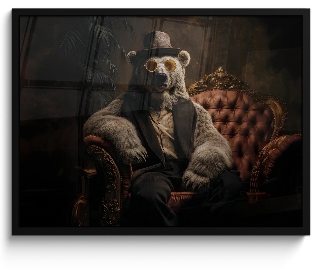 FrameYourWall Poster in lijst - Fotolijst 70x50 cm - Posters - Ijsbeer - Hoed - Bril - Stoel - Posterlijst zwart - Decoratie - Wanddecoratie woonkamer - Muurdecoratie slaapkamer