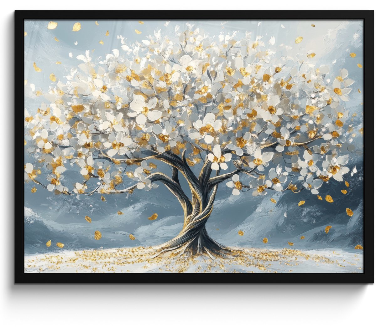 FrameYourWall Poster in lijst - Fotolijst 70x50 cm - Posters - Boom - Winter - Levensboom - Modern - Goud - Posterlijst zwart - Decoratie - Wanddecoratie woonkamer - Muurdecoratie slaapkamer