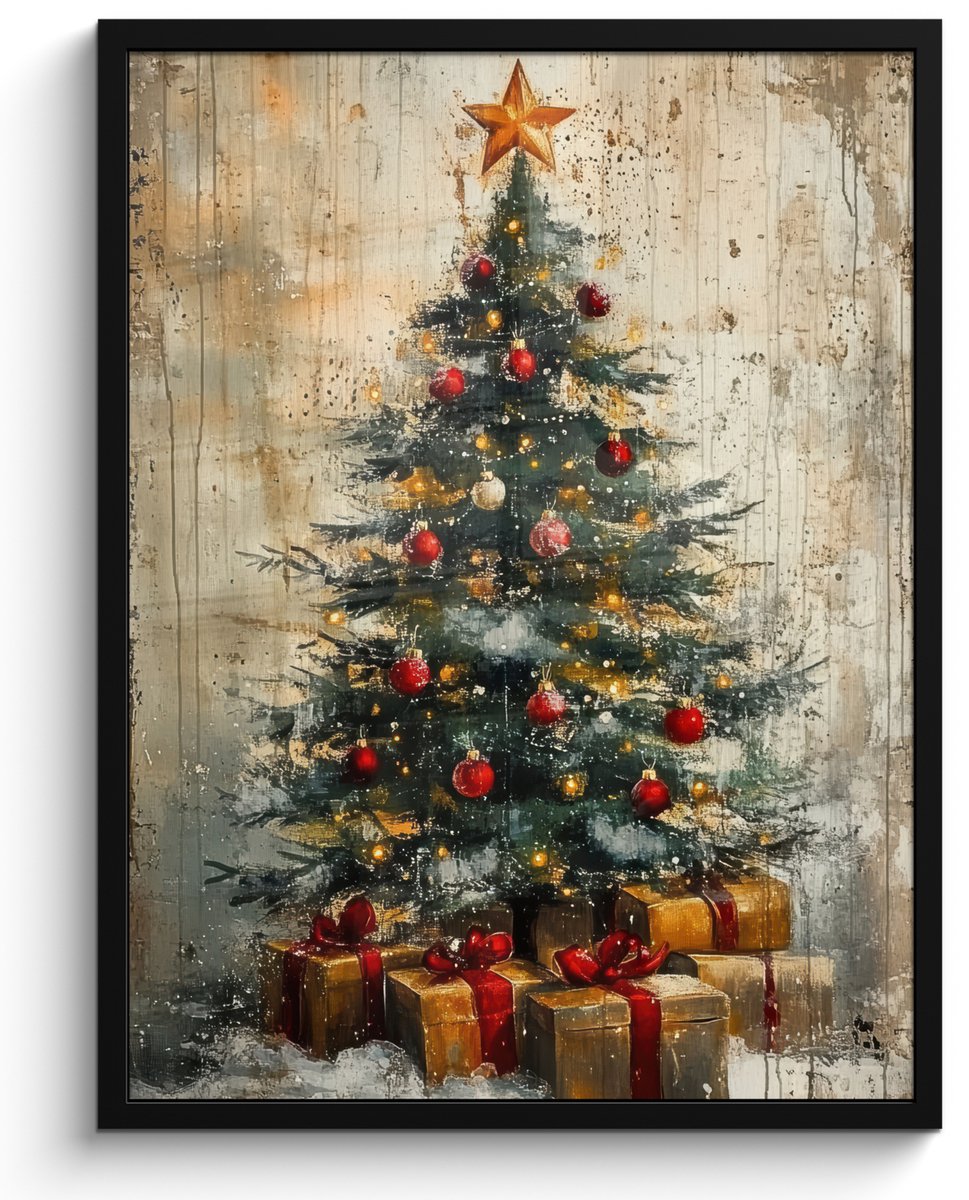 FrameYourWall Poster in lijst - Fotolijst 50x70 cm - Posters - Kerstboom - Vintage - Kerst - Cadeau - Posterlijst zwart - Decoratie - Wanddecoratie woonkamer - Kerstdecoratie voor binnen - Kerstversiering - Kerstmis versiering in huis - Christmas tree decorations