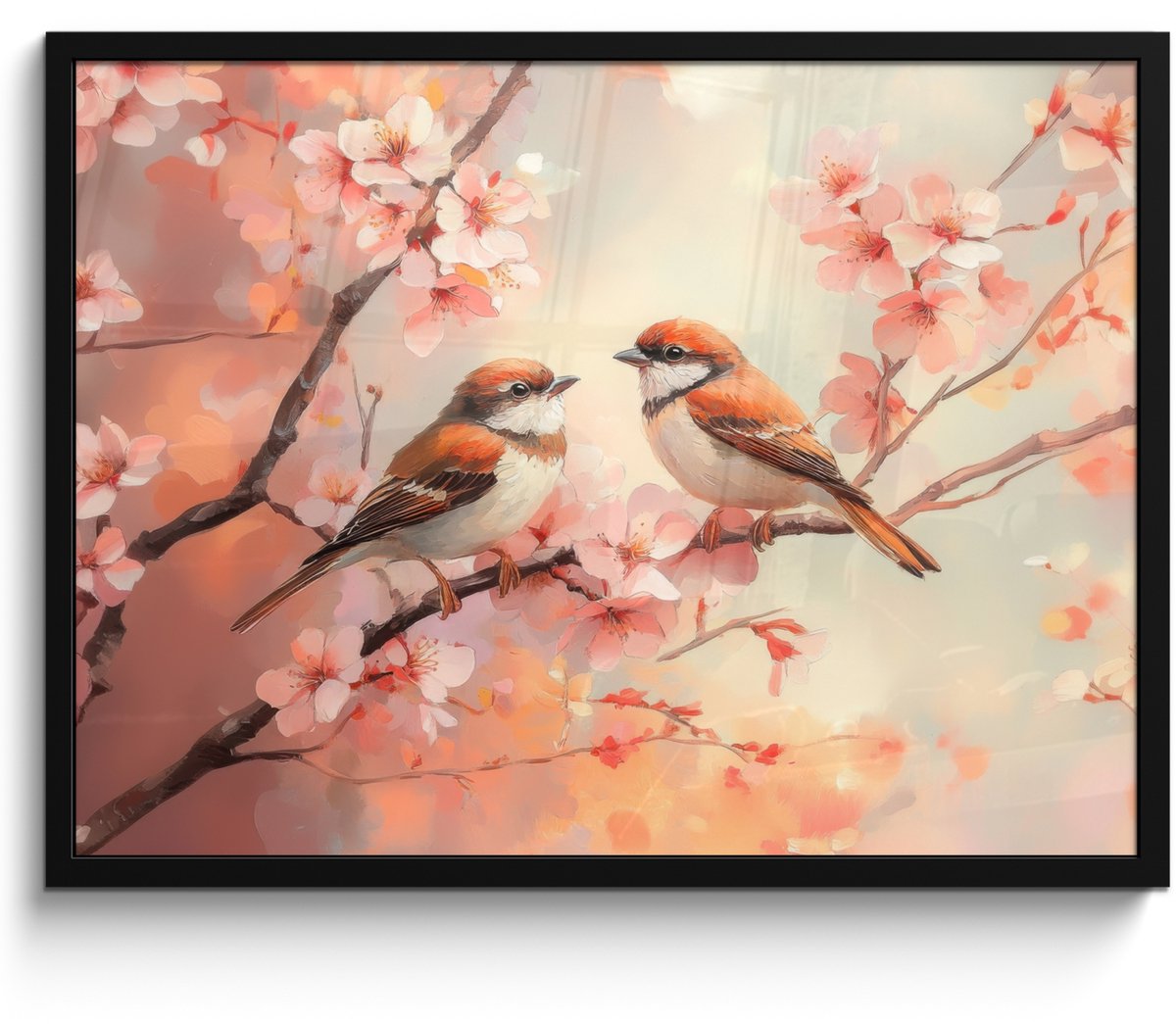 FrameYourWall Poster in lijst - Fotolijst 70x50 cm - Posters - Vogels - Romantic - Bloesemtak - Posterlijst zwart - Decoratie - Wanddecoratie woonkamer - Muurdecoratie slaapkamer Vogels - Bloesemtak