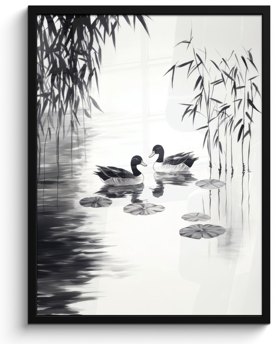 FrameYourWall Poster in lijst - Fotolijst 50x70 cm - Posters - Eenden - Waterlelies - Riet - Zwart - Posterlijst zwart - Decoratie - Wanddecoratie woonkamer - Muurdecoratie slaapkamer