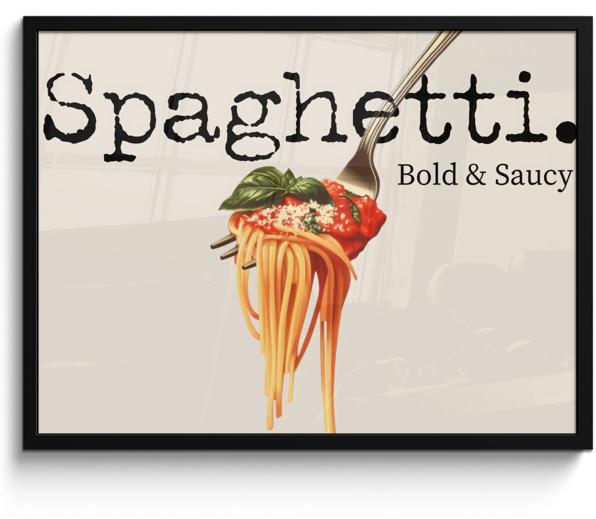 FrameYourWall Poster in lijst - Fotolijst 70x50 cm - Posters - Spaghetti - tomatensaus - Parmezaanse kaas - Posterlijst zwart - Decoratie - Wanddecoratie woonkamer - Muurdecoratie slaapkamer Spaghetti - Tekst