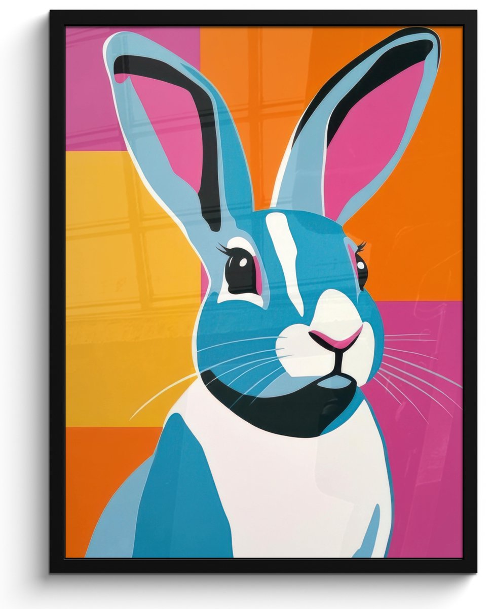 FrameYourWall Poster in lijst - Fotolijst 50x70 cm - Posters - Haas - Kleurvakken - Oren - Roze - Posterlijst zwart - Decoratie - Wanddecoratie woonkamer - Muurdecoratie slaapkamer