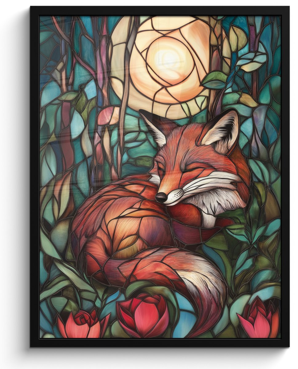 FrameYourWall Poster in lijst - Fotolijst 50x70 cm - Posters - Vos - Mozaïek - Bos - Maan - Posterlijst zwart - Decoratie - Wanddecoratie woonkamer - Muurdecoratie slaapkamer Vos - Bladeren