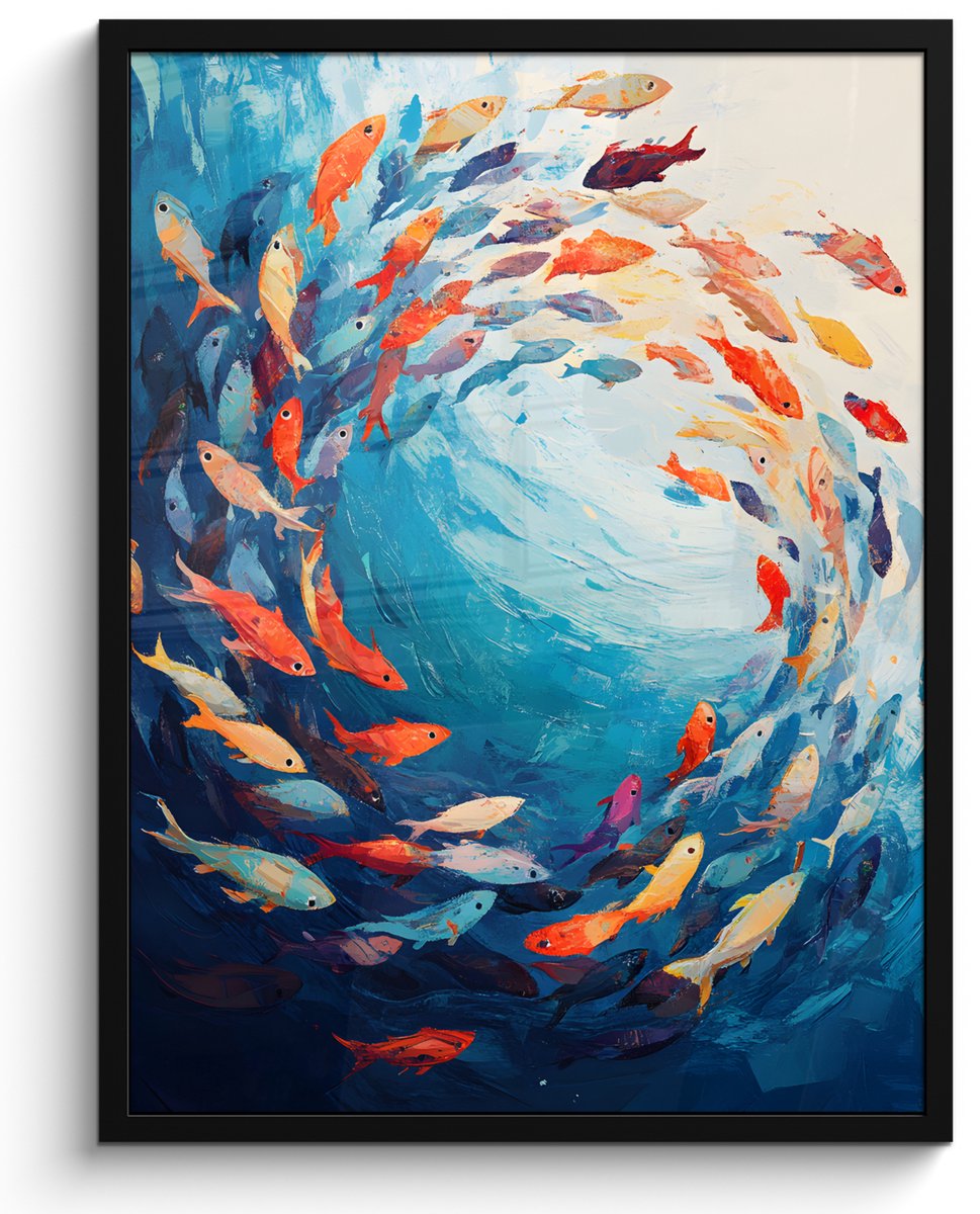 FrameYourWall Poster in lijst - Fotolijst 50x70 cm - Posters - Zee - Vissen - Kleurrijk - Dynamisch - Posterlijst zwart - Decoratie - Wanddecoratie woonkamer - Muurdecoratie slaapkamer
