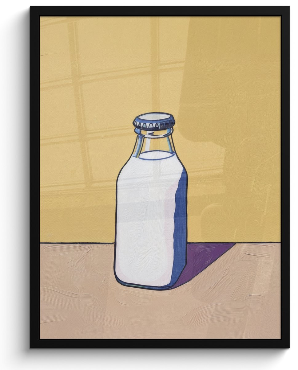 FrameYourWall Poster in lijst - Fotolijst 50x70 cm - Posters - Glazen - Fles - Illustratie - Melk - Posterlijst zwart - Decoratie - Wanddecoratie woonkamer - Muurdecoratie slaapkamer Melk - Fles