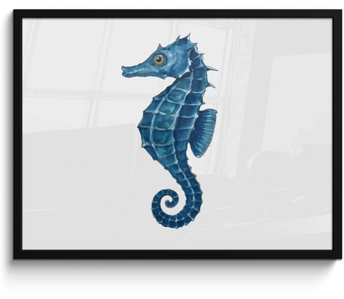 FrameYourWall Poster in lijst - Fotolijst 70x50 cm - Posters - Zeepaardje - Staart - Blauw - Posterlijst zwart - Decoratie - Wanddecoratie woonkamer - Muurdecoratie slaapkamer