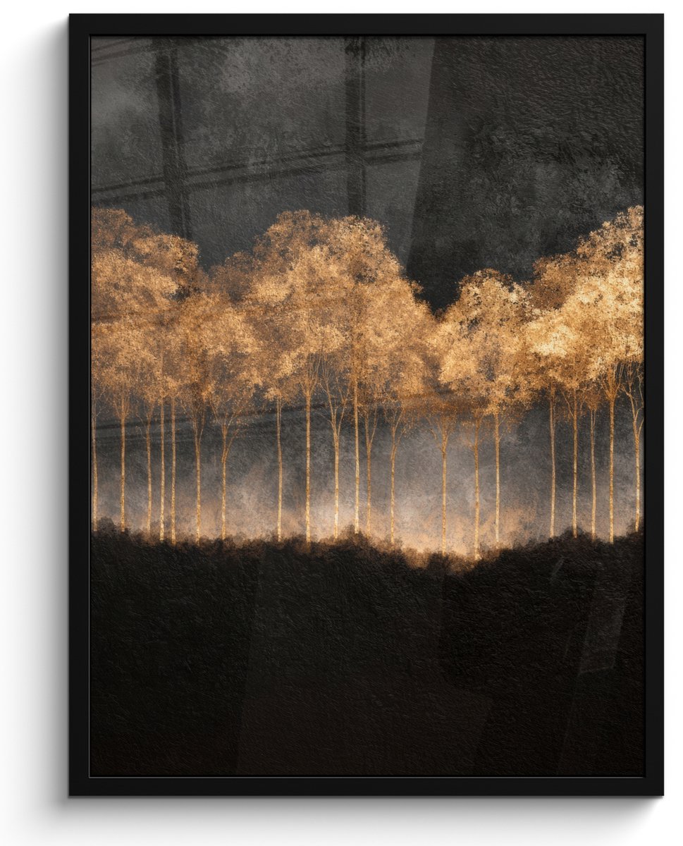 FrameYourWall Poster in lijst - Fotolijst 50x70 cm - Posters - Gouden Bomen in Mistig Landschap - Posterlijst zwart - Decoratie - Wanddecoratie woonkamer - Muurdecoratie slaapkamer Bomen - Mist - Goud