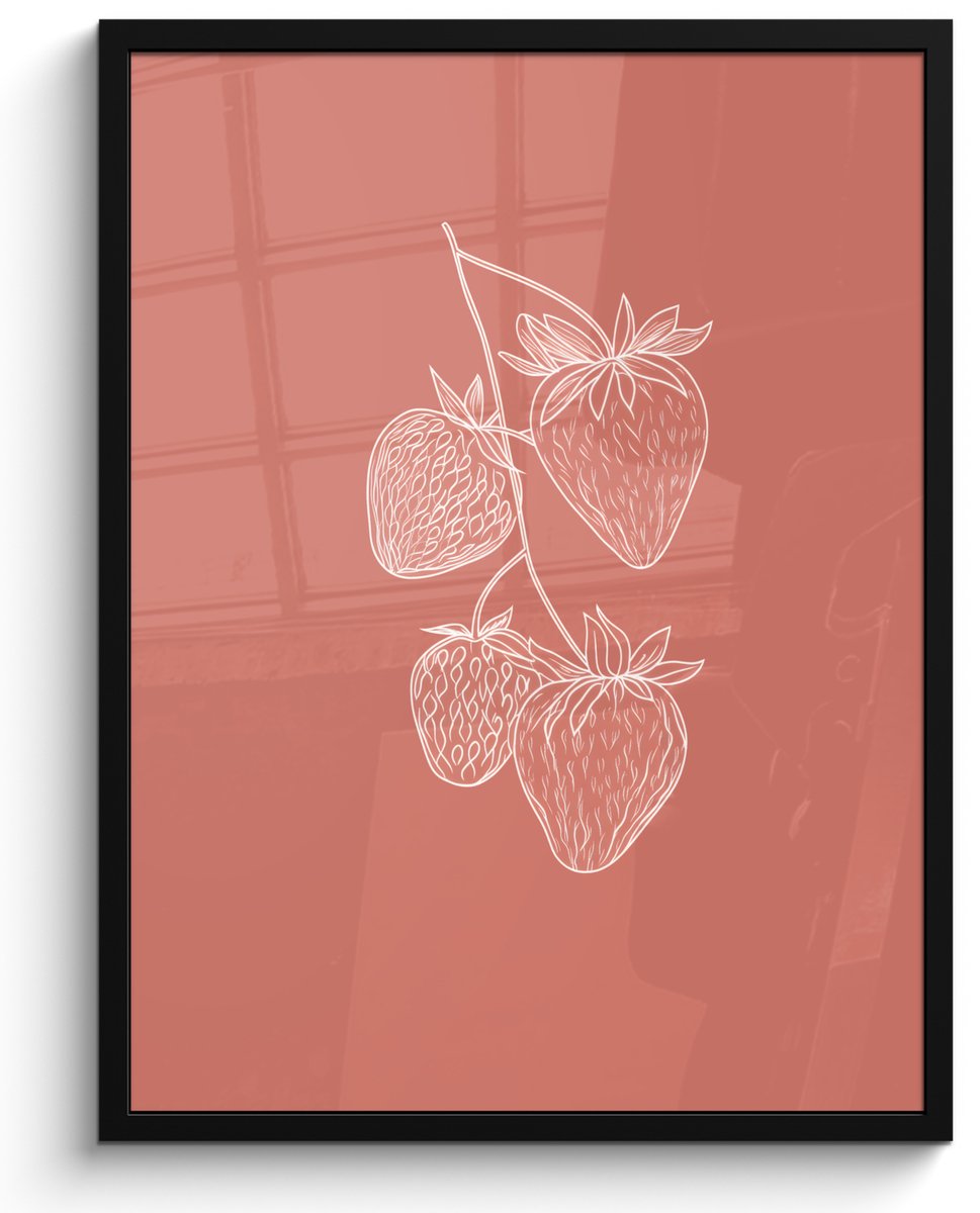 FrameYourWall Poster in lijst - Fotolijst 50x70 cm - Posters - Minimalistisch - Illustratie - Aardbei - Tak - Posterlijst zwart - Decoratie - Wanddecoratie woonkamer - Muurdecoratie slaapkamer Aardbeien