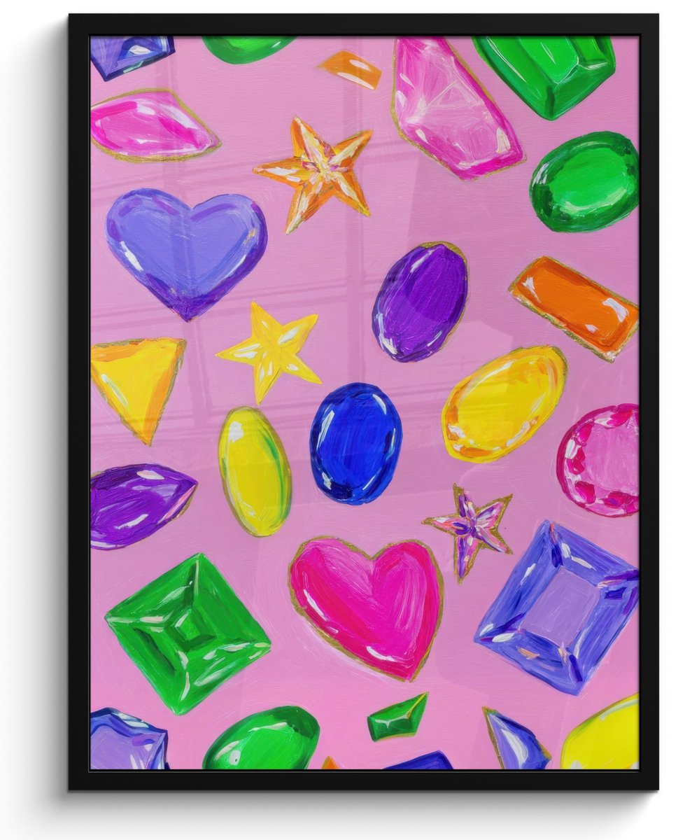 FrameYourWall Poster in lijst - Fotolijst 50x70 cm - Posters - Edelstenen - Vormen - Hartje - Kleurrijk - Posterlijst zwart - Decoratie - Wanddecoratie woonkamer - Muurdecoratie slaapkamer Vormen - Kleurrijk