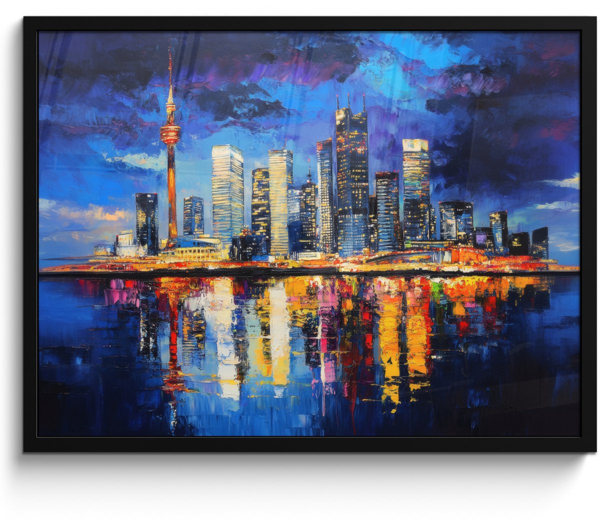 FrameYourWall Poster in lijst - Fotolijst 70x50 cm - Posters - Skyline Toronto - Modern - Stadslicht - Blauw - Posterlijst zwart - Decoratie - Wanddecoratie woonkamer - Muurdecoratie slaapkamer Skyline - Modern