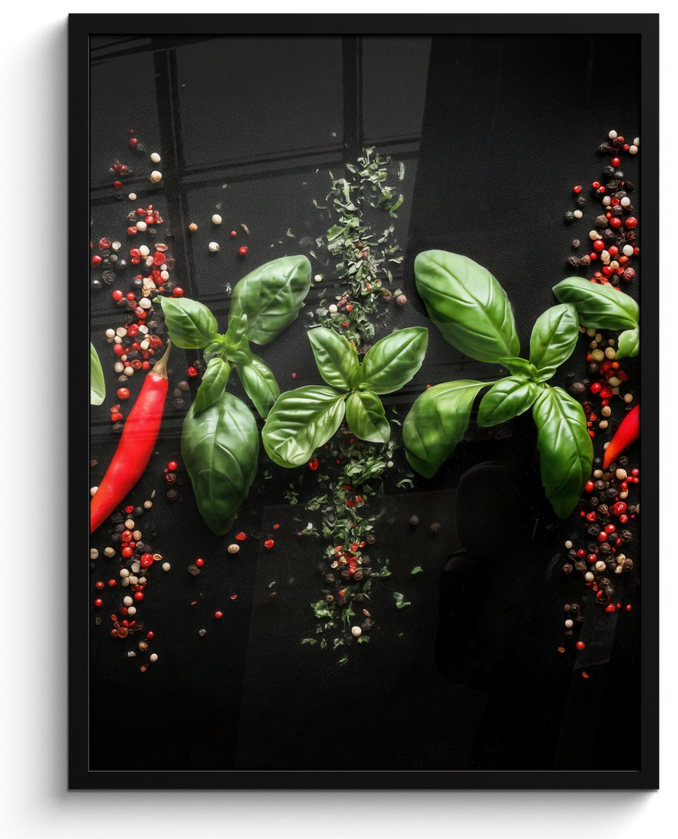 FrameYourWall Poster in lijst - Fotolijst 50x70 cm - Posters - Chilipepers - Basilicum - Blaadjes - Rood - Posterlijst zwart - Decoratie - Wanddecoratie woonkamer - Muurdecoratie slaapkamer Chilipepers - Blaadjes