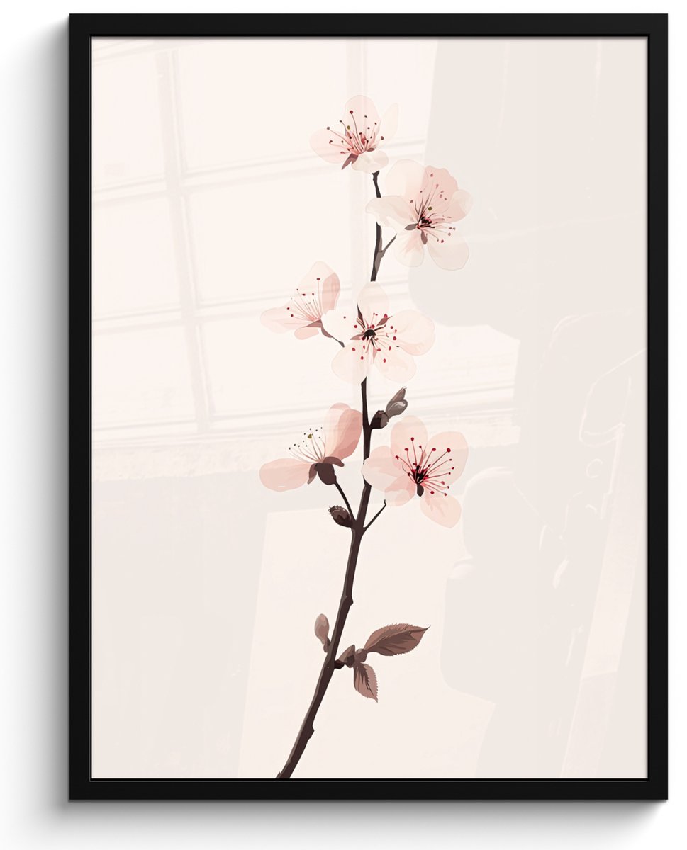 FrameYourWall Poster in lijst - Fotolijst 50x70 cm - Posters - Minimalistisch - Bloesem - Tak - Roze - Posterlijst zwart - Decoratie - Wanddecoratie woonkamer - Muurdecoratie slaapkamer