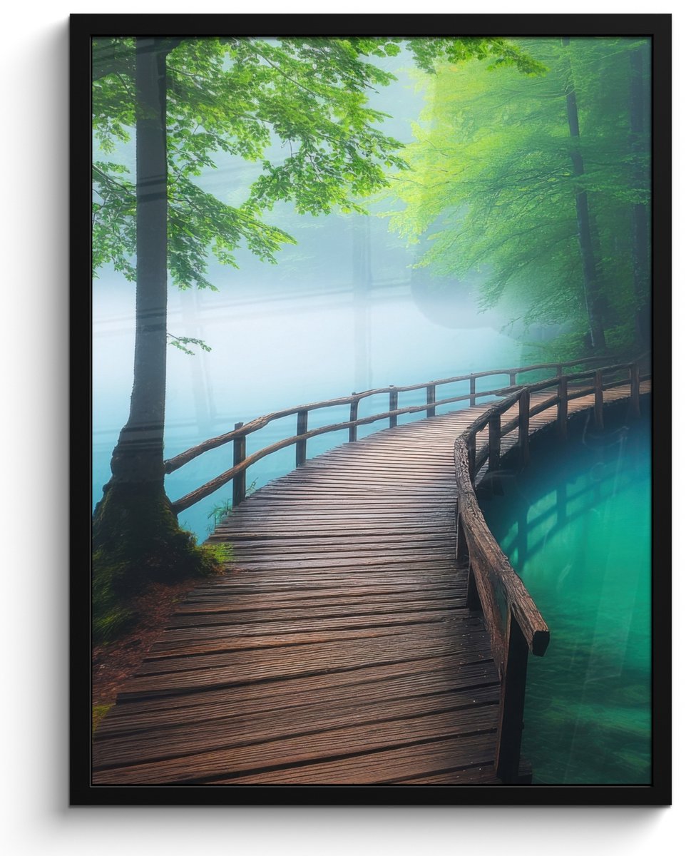 FrameYourWall Poster in lijst - Fotolijst 50x70 cm - Posters - Brug - Water - Rivier - Bos - Posterlijst zwart - Decoratie - Wanddecoratie woonkamer - Muurdecoratie slaapkamer