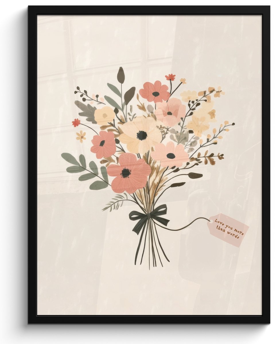 FrameYourWall Poster in lijst - Fotolijst 50x70 cm - Posters - Bloemen - Quote - Beige - Lint - Posterlijst zwart - Decoratie - Wanddecoratie woonkamer - Muurdecoratie slaapkamer Boeket - Kaartje