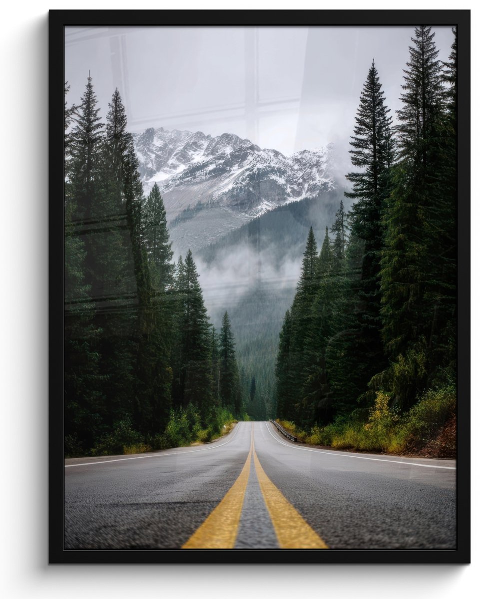 FrameYourWall Poster in lijst - Fotolijst 50x70 cm - Posters - Sparrenbos - Weg - Bergen - Sneeuw - Posterlijst zwart - Decoratie - Wanddecoratie woonkamer - Muurdecoratie slaapkamer