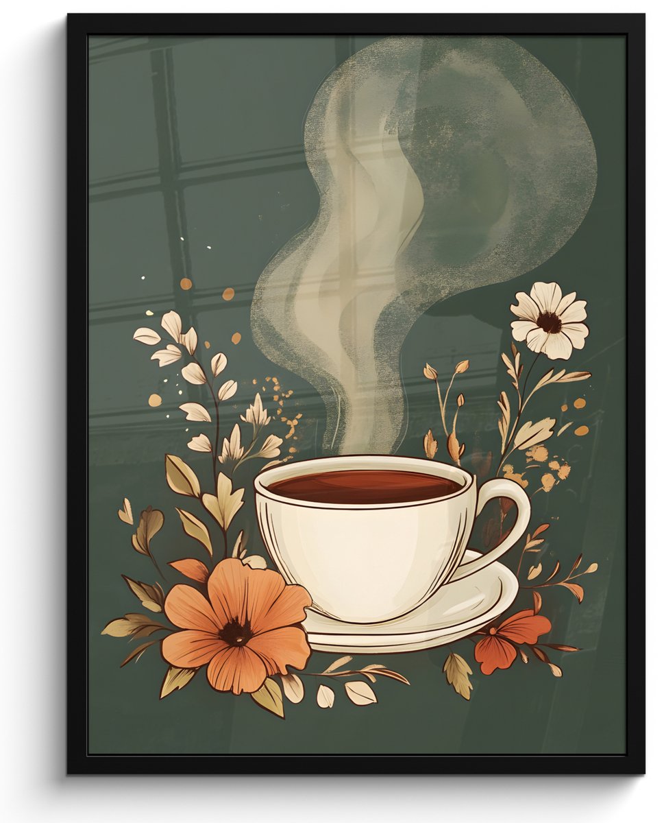 FrameYourWall Poster in lijst - Fotolijst 50x70 cm - Posters - Kop - Bloemen - Groen - Koffie - Posterlijst zwart - Decoratie - Wanddecoratie woonkamer - Muurdecoratie slaapkamer Koffie - Bloemen
