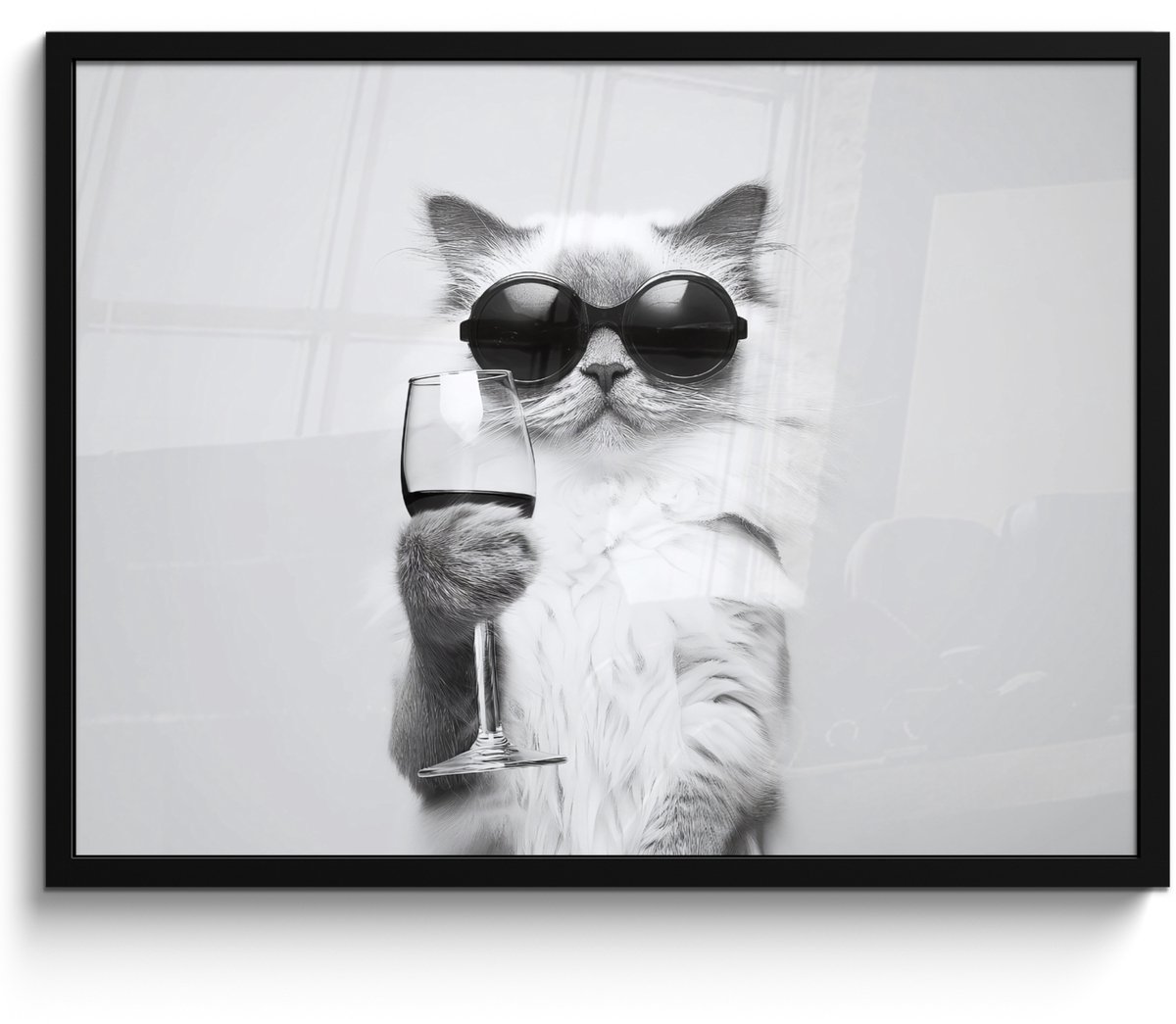 FrameYourWall Poster in lijst - Fotolijst 70x50 cm - Posters - Kat - Zonnebril - Wijnglas - Langharig - Posterlijst zwart - Decoratie - Wanddecoratie woonkamer - Muurdecoratie slaapkamer Kat - Wijnglas