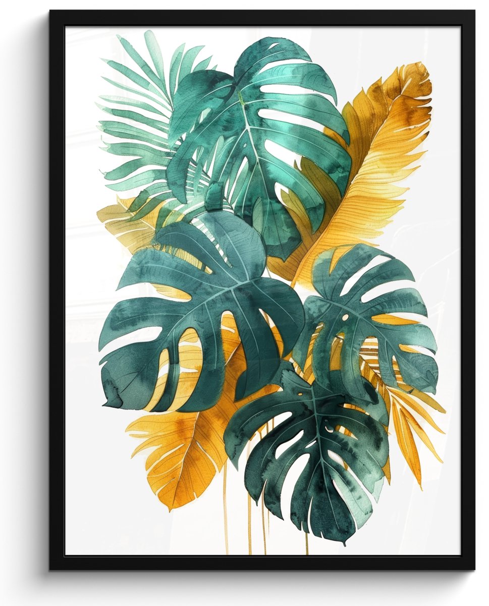 Poster in lijst - Fotolijst 50x70 cm - Posters - Bladeren - Tropisch - Goud - Groen - Mode