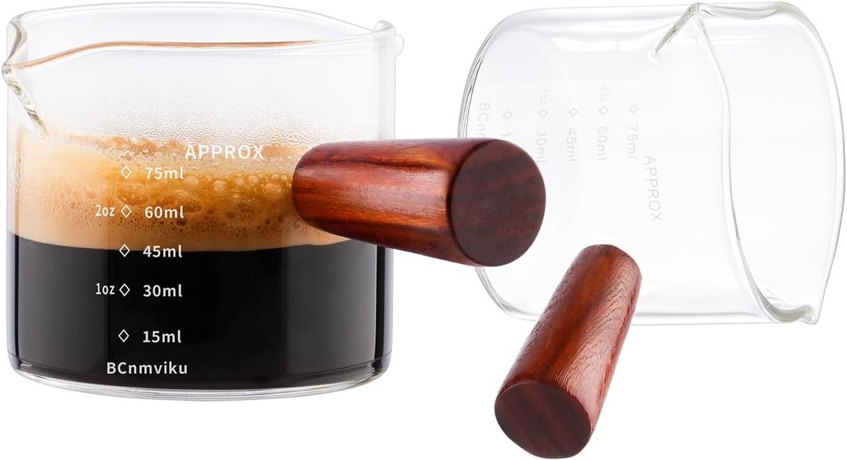 Glazen Maatbeker met Dubbele Tuit en Houten Handvat voor Espresso en Melk (Set van 2)