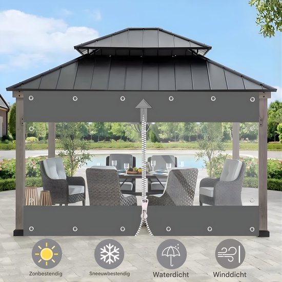 Grijze terasschermen met transparant venster en rits, gemonteerd op een paviljoen, met eettafel en stoelen.