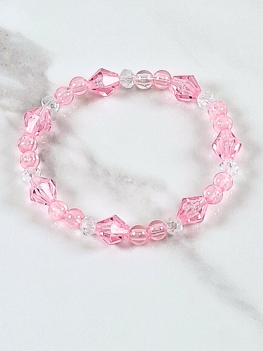 Handgemaakte Crystal Roze armband Roze – Rekbare Armband met Transparante Kralen – 15 cm –