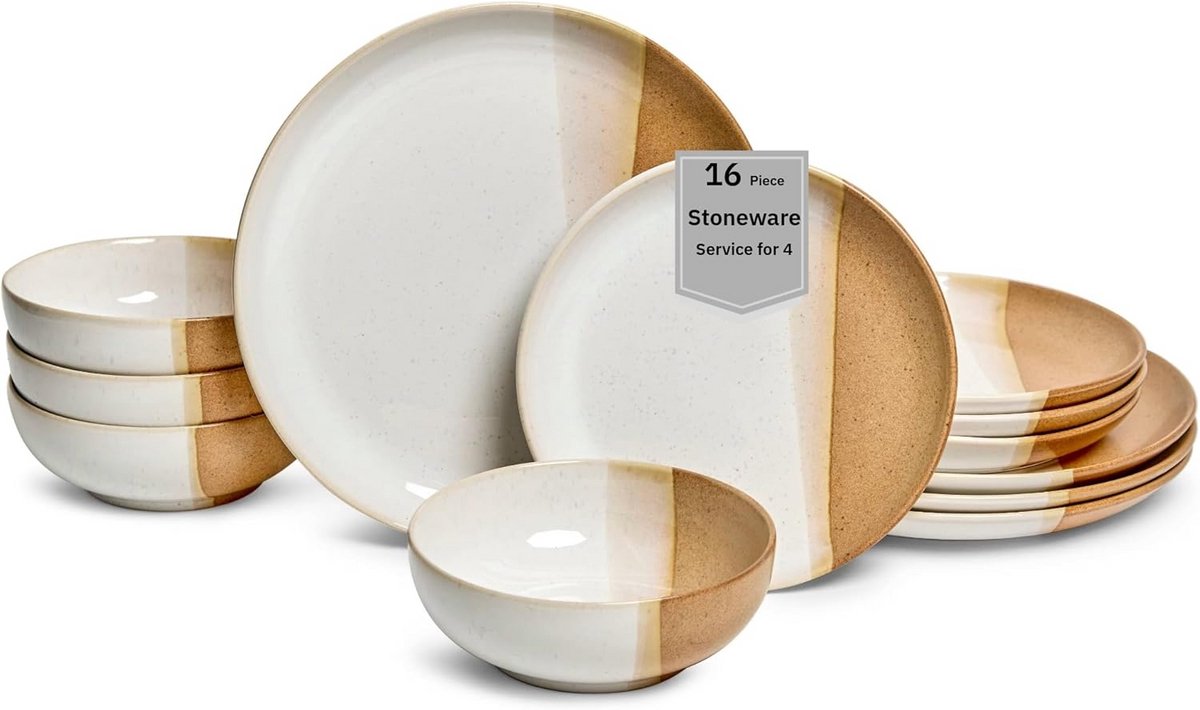 12-Delige Steengoed Servies Set voor 4 Personen - BORDEN & KOMMEN - Caramel Rustiek Wit
