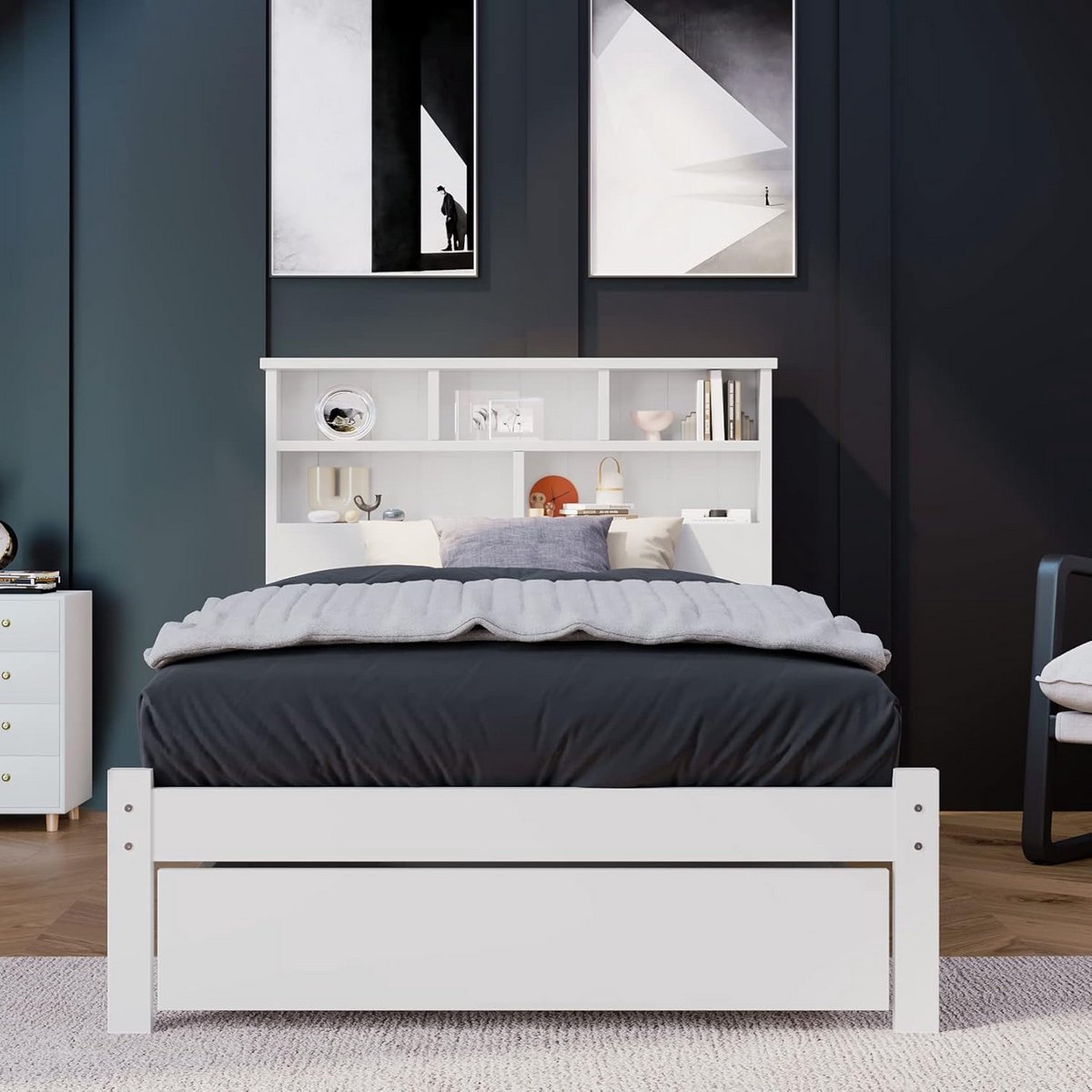 Eenpersoonsbed met Lades en Boekenkast - Massief Hout - 90x200 cm Wit