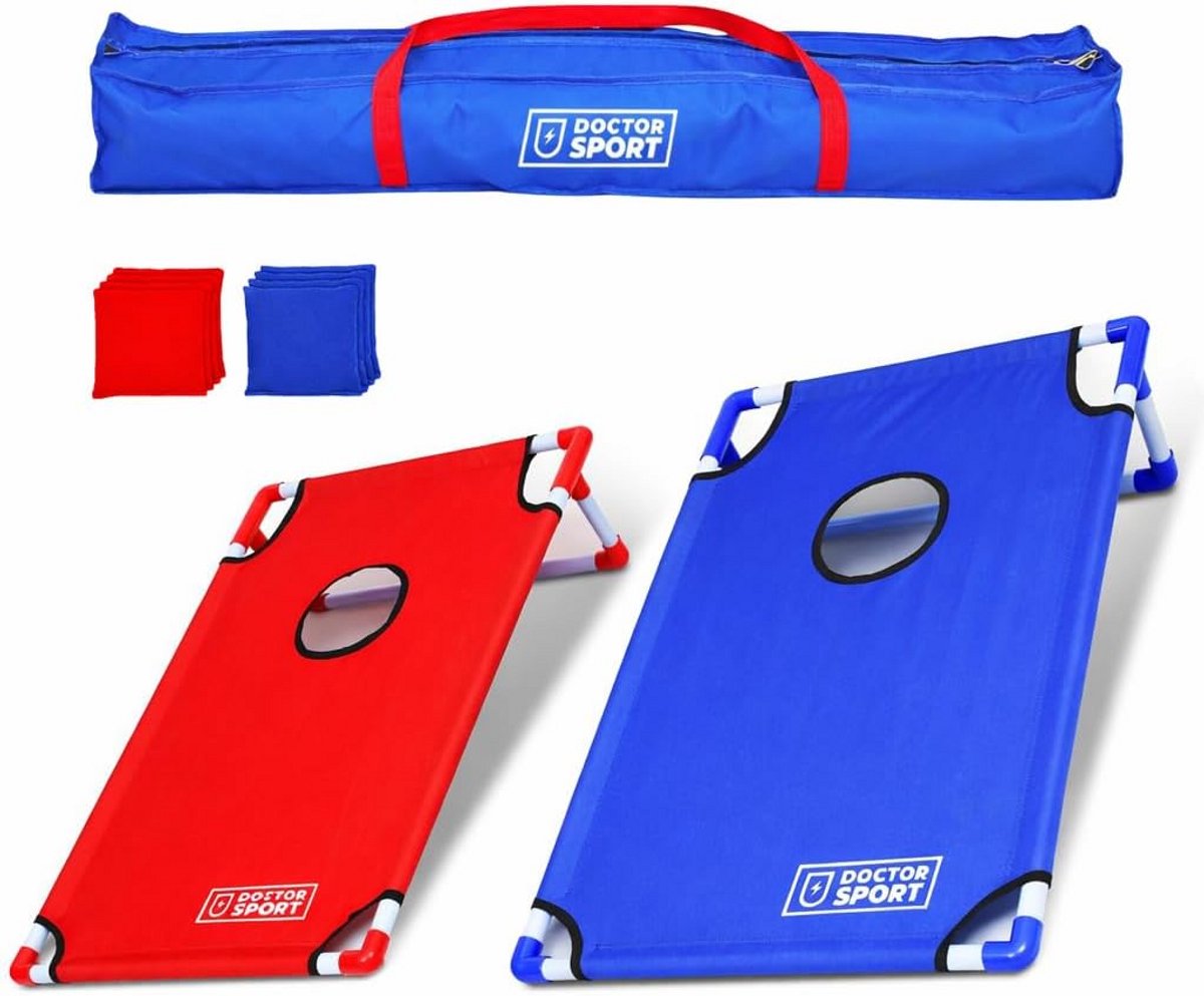 Compleet Cornhole Spel Set Blauw Rood Inclusief 8 Werpkussens - Draagbaar Binnen en Buiten