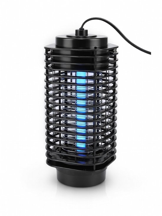 Zwarte cilindrische insectenlamp met blauw UV-licht in het midden.