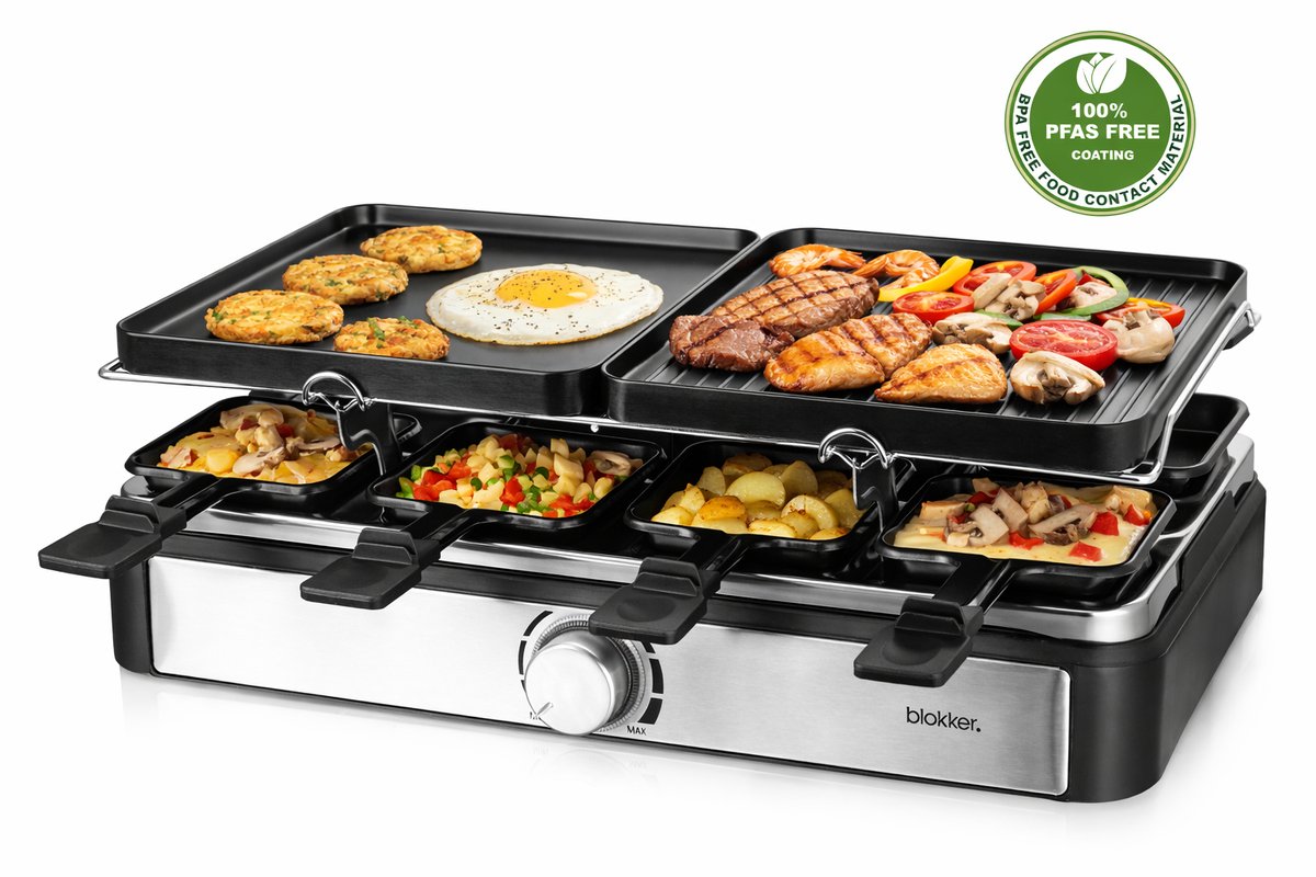 Blokker Raclettegrill - Gourmetset - 8 pannetjes - Indicatielampje - Regelbare thermostaat - ILAG coating - PFAS vrij - Aluminium grill - 8 spatels - Antislip voetjes - 1400W - RG-131425.1 Zwart