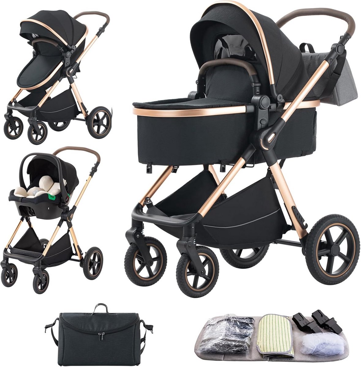 3-in-1 Kinderwagen Compact Opvouwbaar met Aluminium Frame en Verstelbare Armleuningen