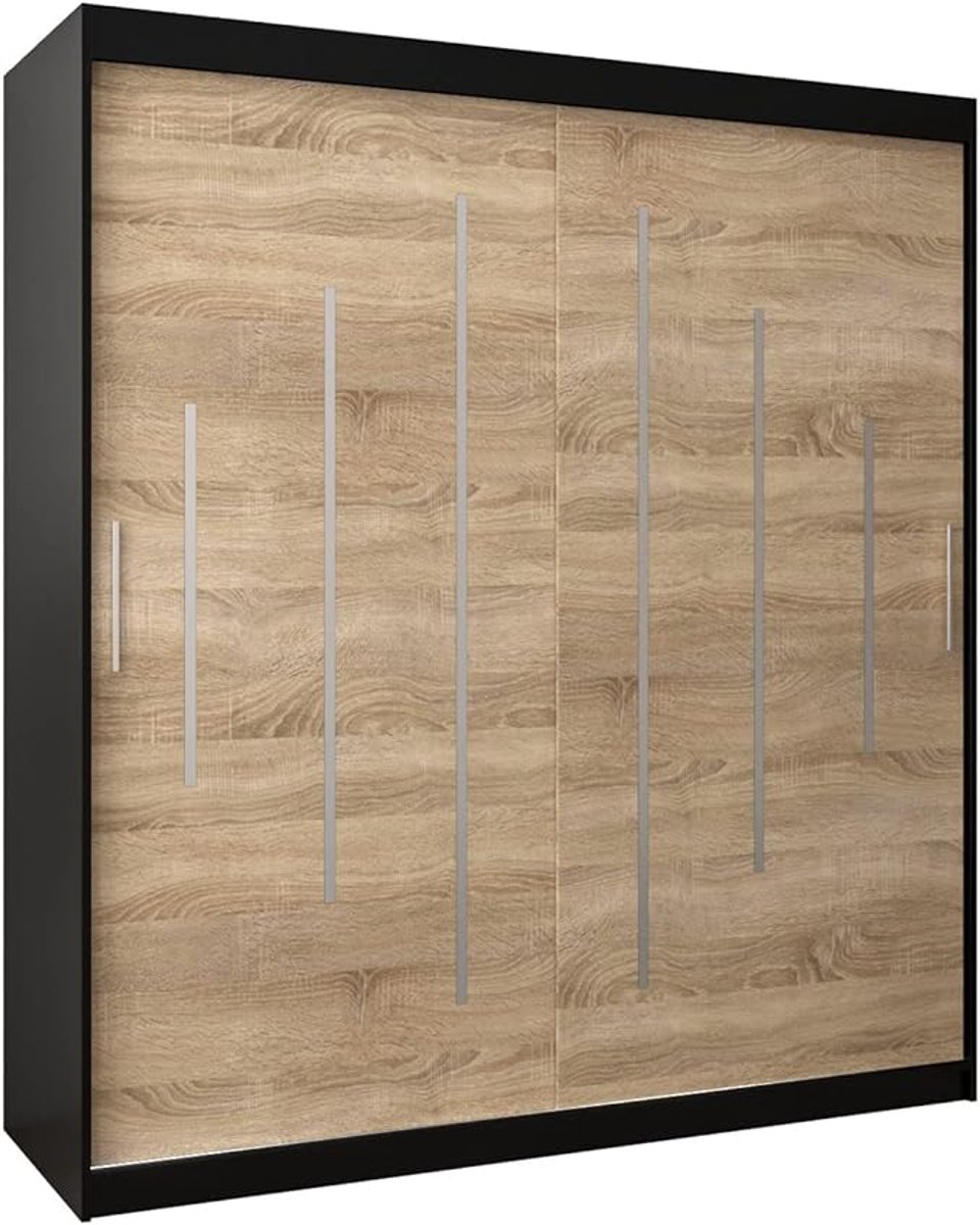 Kledingkast met schuifdeuren 180x200x62 cm – Modern design met kledingstang en inlegplank, zwart + sonoma – Ruime slaapkamer- en woonkamerkast – ABKantoor