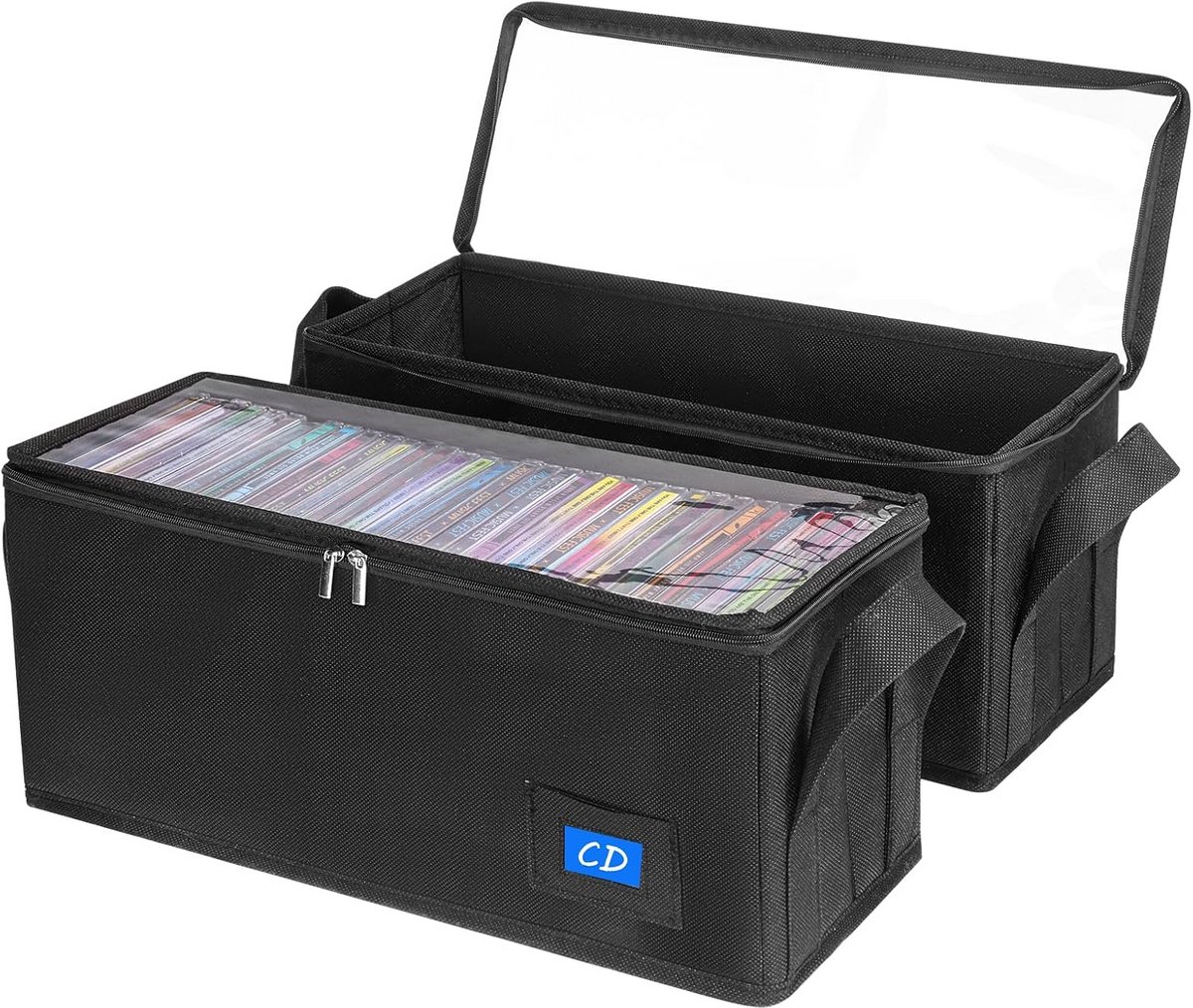 CD-hoes houder met handgrepen en doorzichtig deksel, 2-pack zwart - CD opbergdoos met labelsleuven, draagbare organizer voor mediaverzameling en efficiënte opslag
