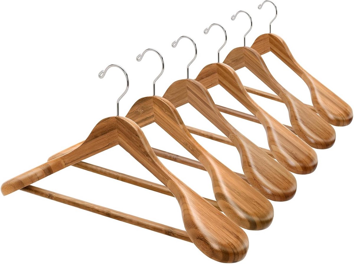 6 stuks brede bamboe hangers met broekstang voor kostuum, jas en zware kleding